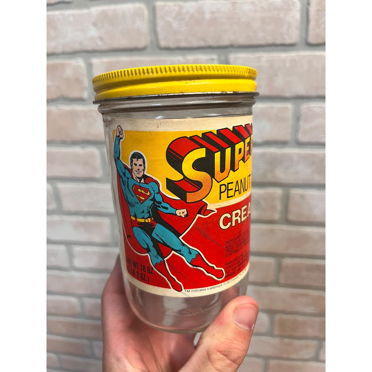 Vintage Superman Peanut Butter Glass Jar 1981 DC Comics Kane-Miller Corp.