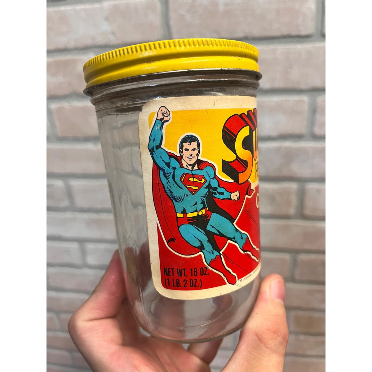 Vintage Superman Peanut Butter Glass Jar 1981 DC Comics Kane-Miller Corp.