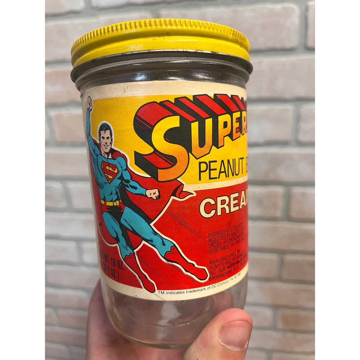 Vintage Superman Peanut Butter Glass Jar 1981 DC Comics Kane-Miller Corp.
