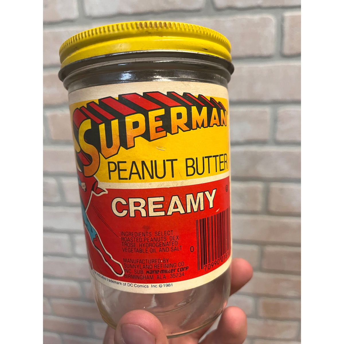 Vintage Superman Peanut Butter Glass Jar 1981 DC Comics Kane-Miller Corp.