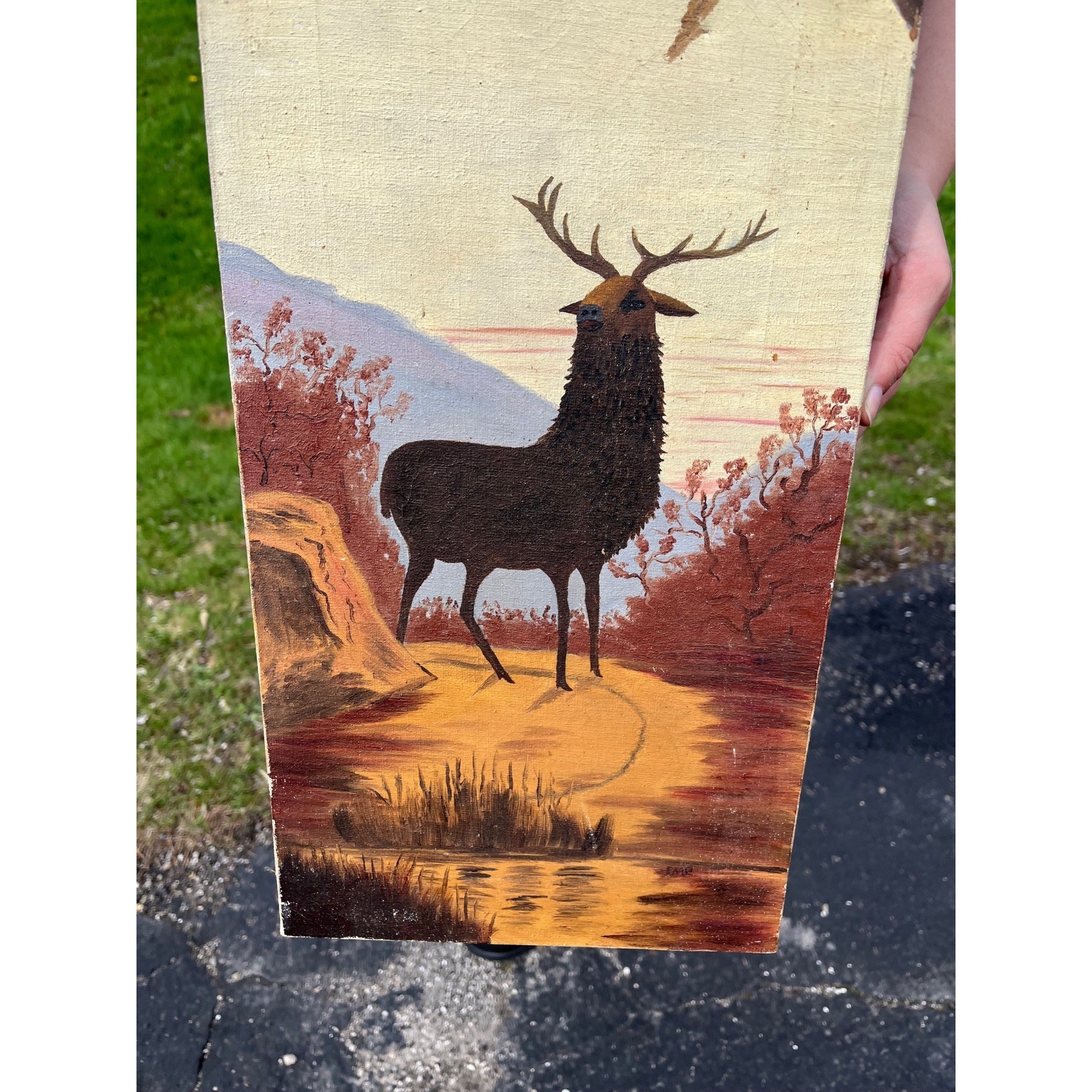 Vintage 1926 Oil on Canvas Original Painting Deer Stag Elk Cabin Primitive Decor
