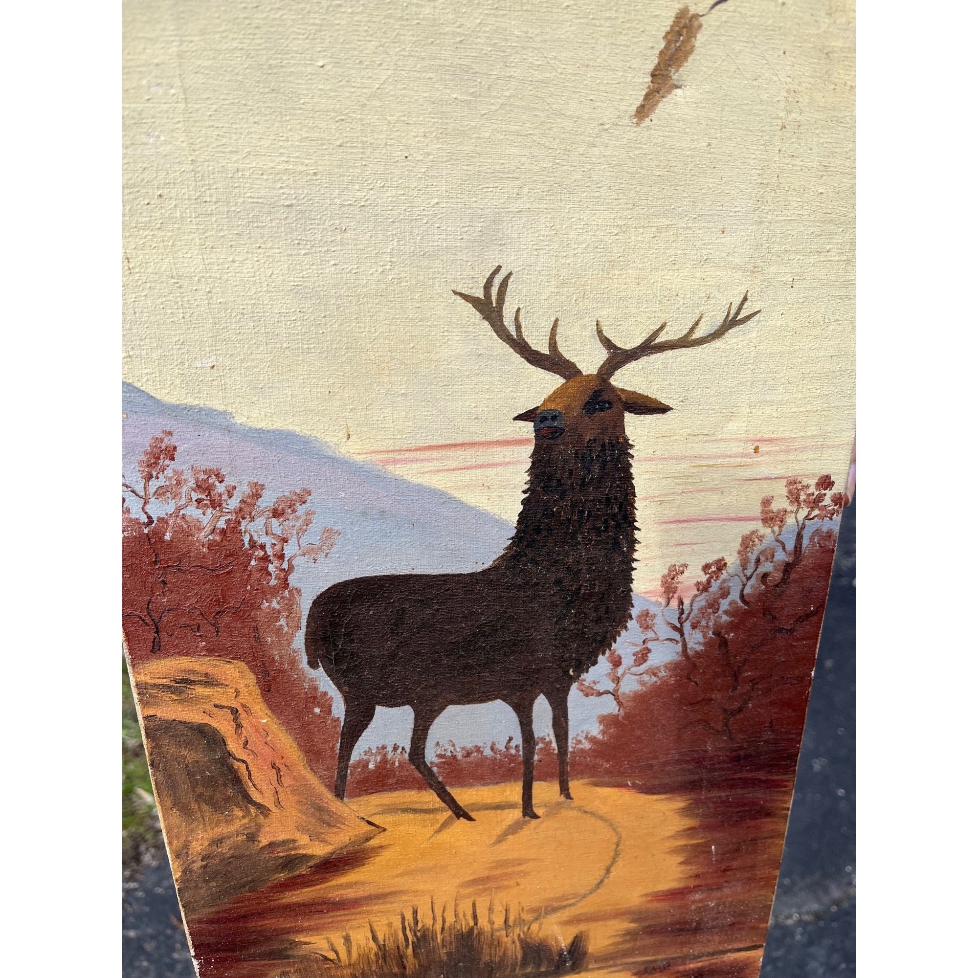 Vintage 1926 Oil on Canvas Original Painting Deer Stag Elk Cabin Primitive Decor
