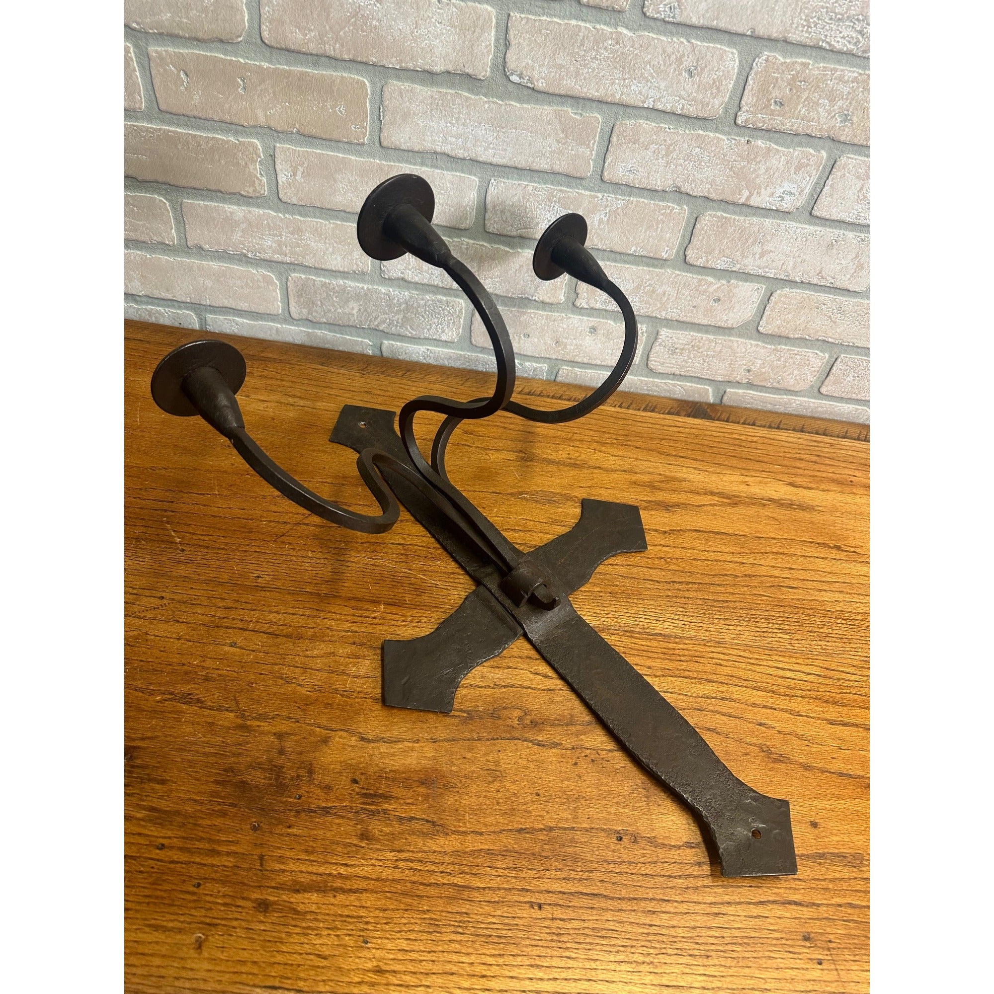 Antique Hand Forged Wrought Iron 3-Arm Candle Wall Sconce Cross Gothic Mission