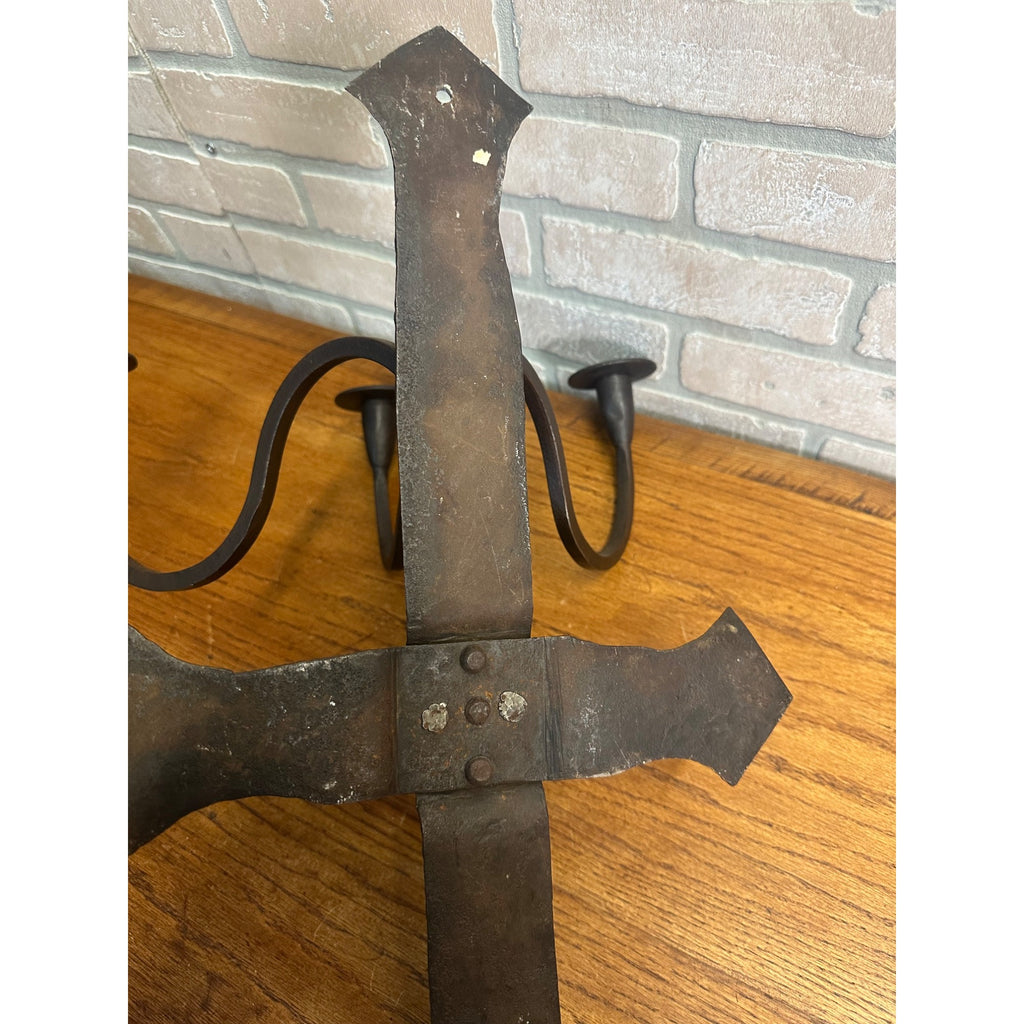Antique Hand Forged Wrought Iron 3-Arm Candle Wall Sconce Cross Gothic Mission