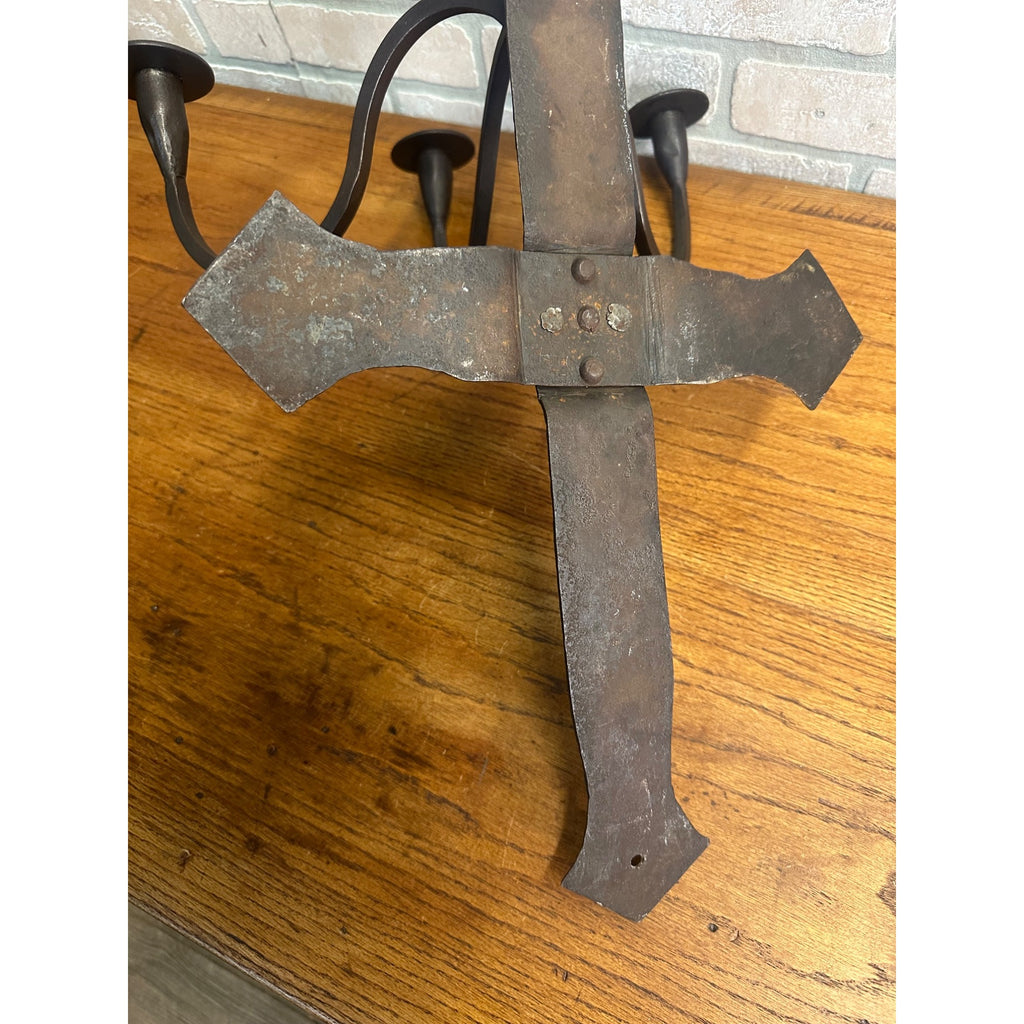 Antique Hand Forged Wrought Iron 3-Arm Candle Wall Sconce Cross Gothic Mission