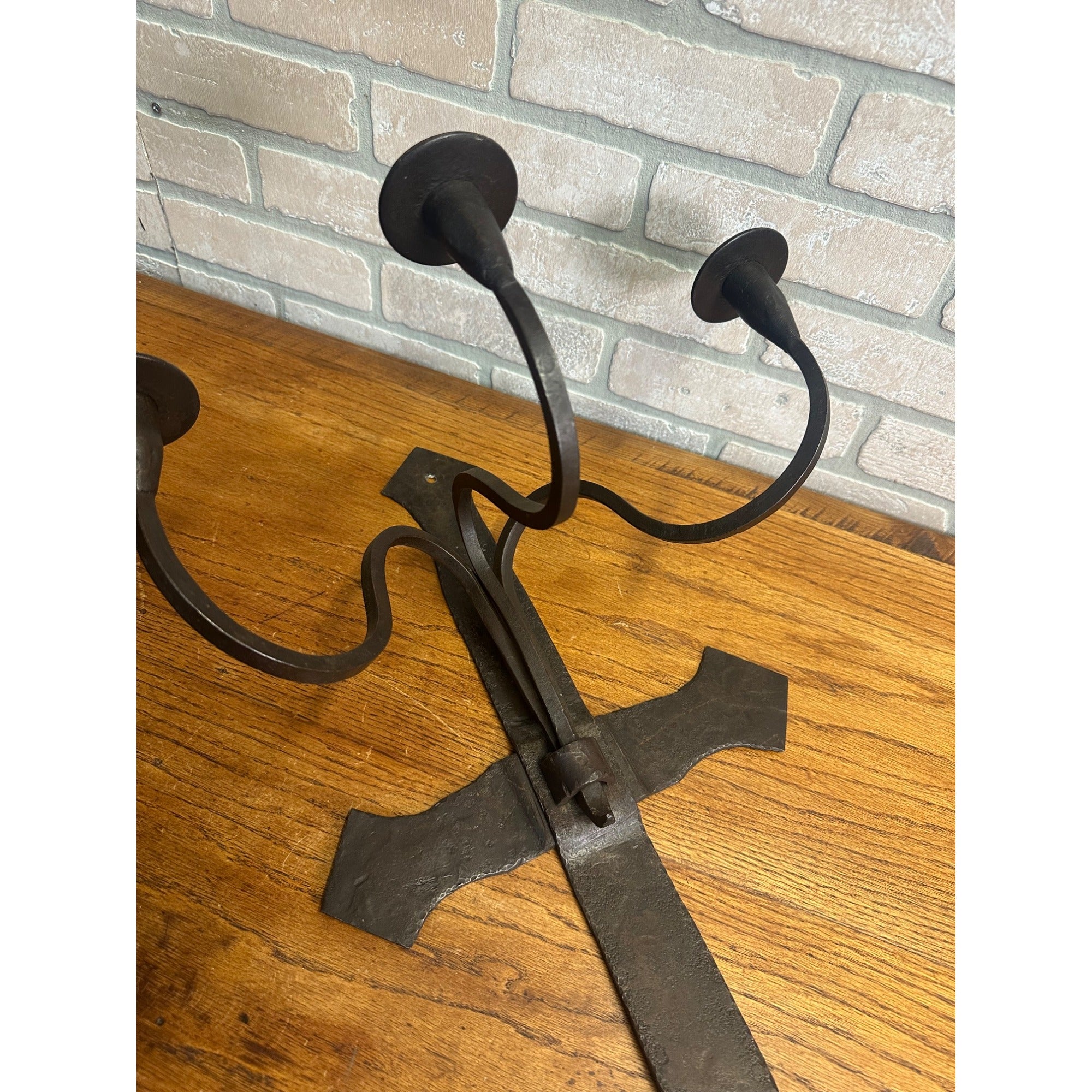 Antique Hand Forged Wrought Iron 3-Arm Candle Wall Sconce Cross Gothic Mission