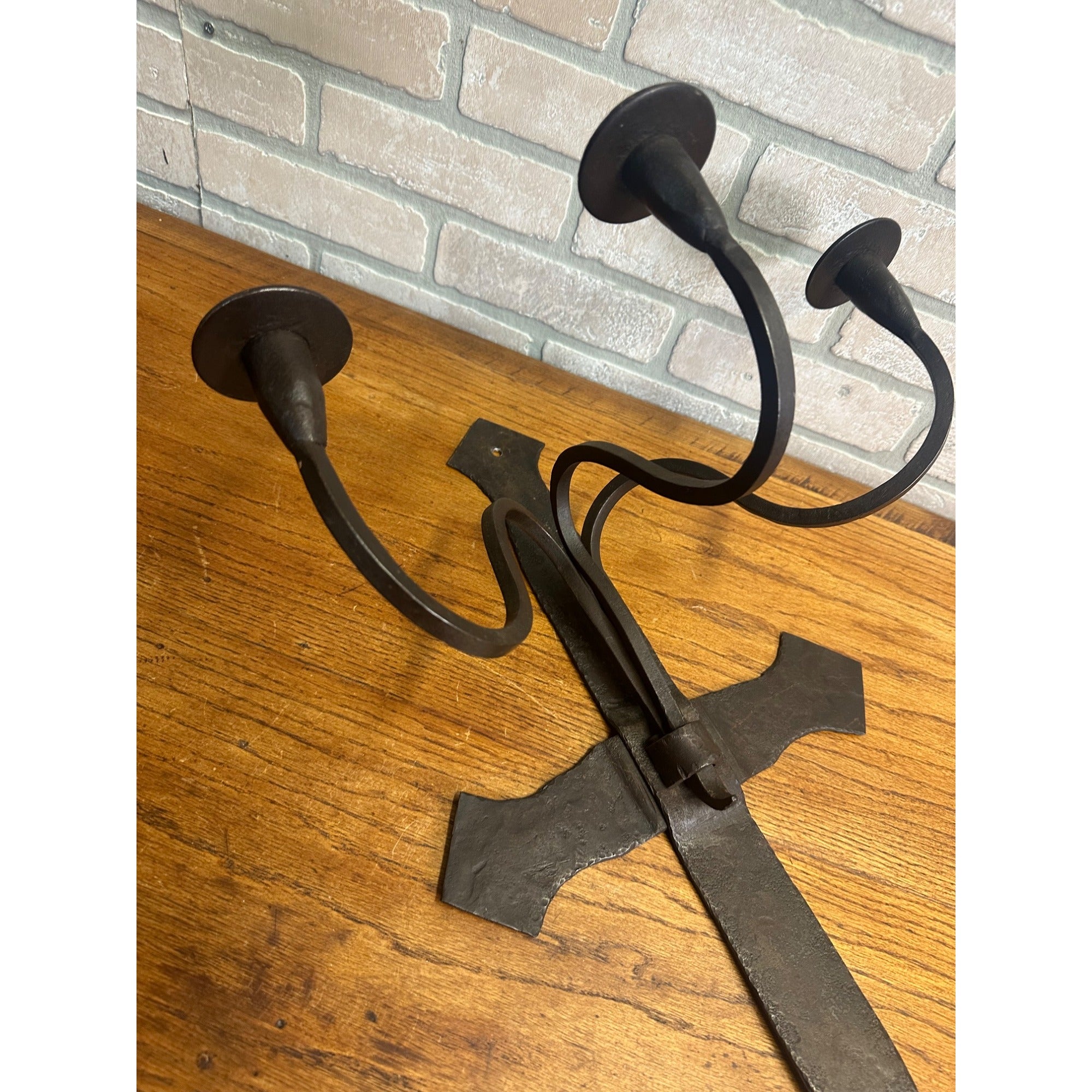 Antique Hand Forged Wrought Iron 3-Arm Candle Wall Sconce Cross Gothic Mission