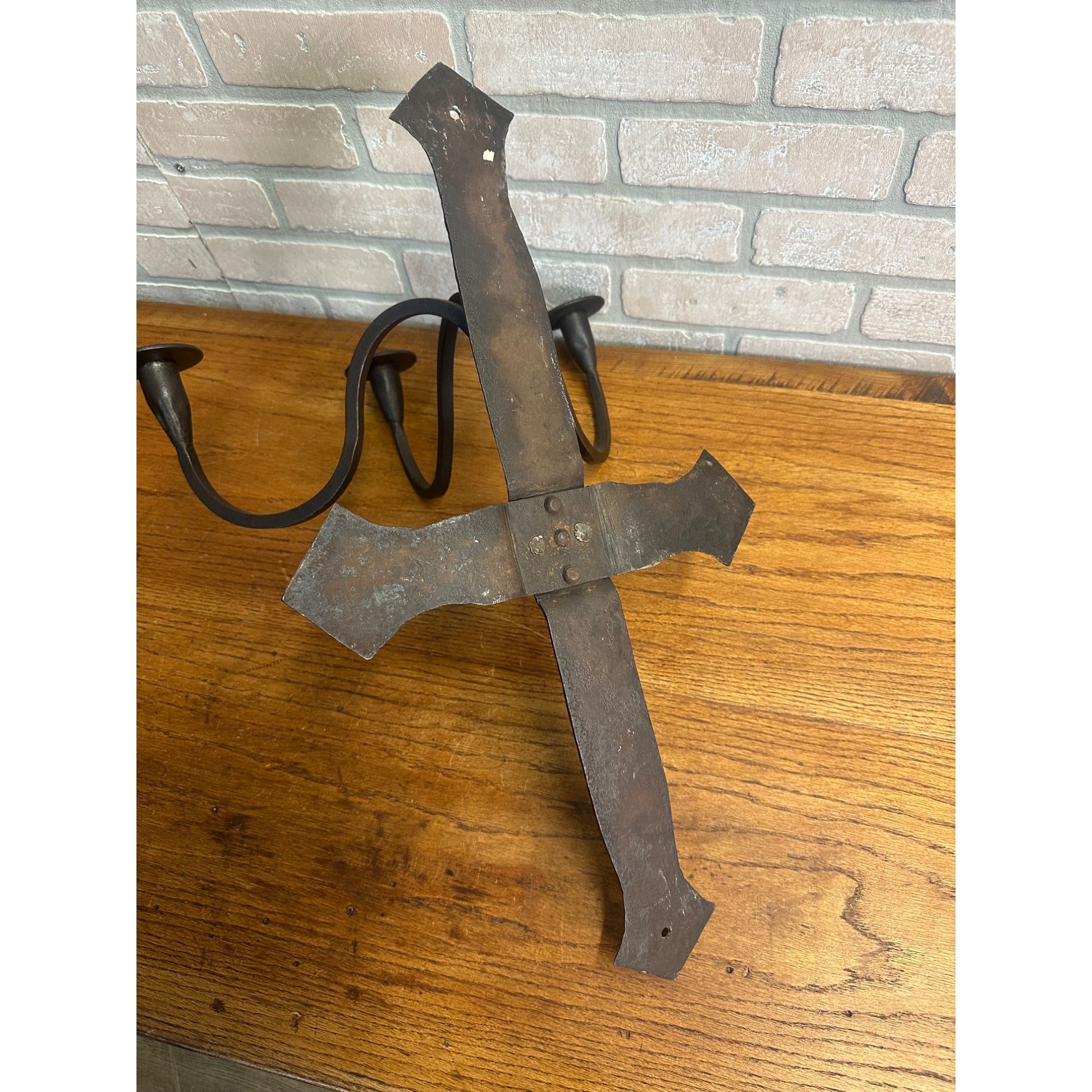 Antique Hand Forged Wrought Iron 3-Arm Candle Wall Sconce Cross Gothic Mission