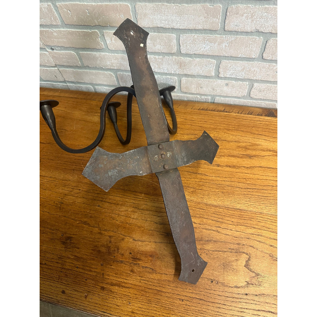Antique Hand Forged Wrought Iron 3-Arm Candle Wall Sconce Cross Gothic Mission