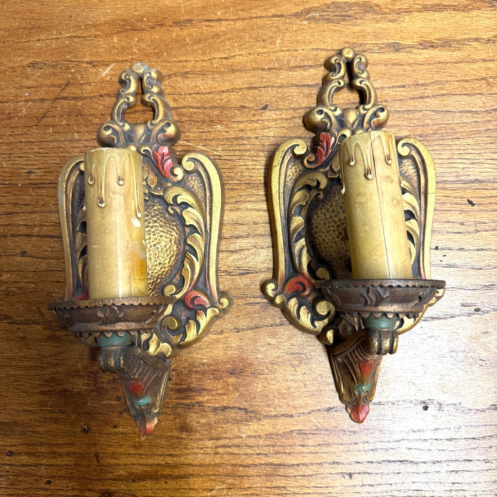 Antique Art Nouveau Victorian Wall Sconce Pair Light Fixtures Cast Iron Ornate