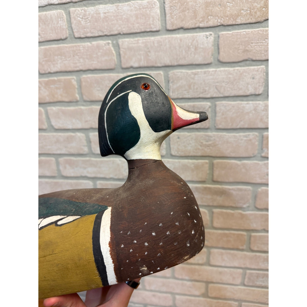 Vintage Hand carved Wooden Duck Decoy Signed JB 1981 Wisconsin Find Wood Duck