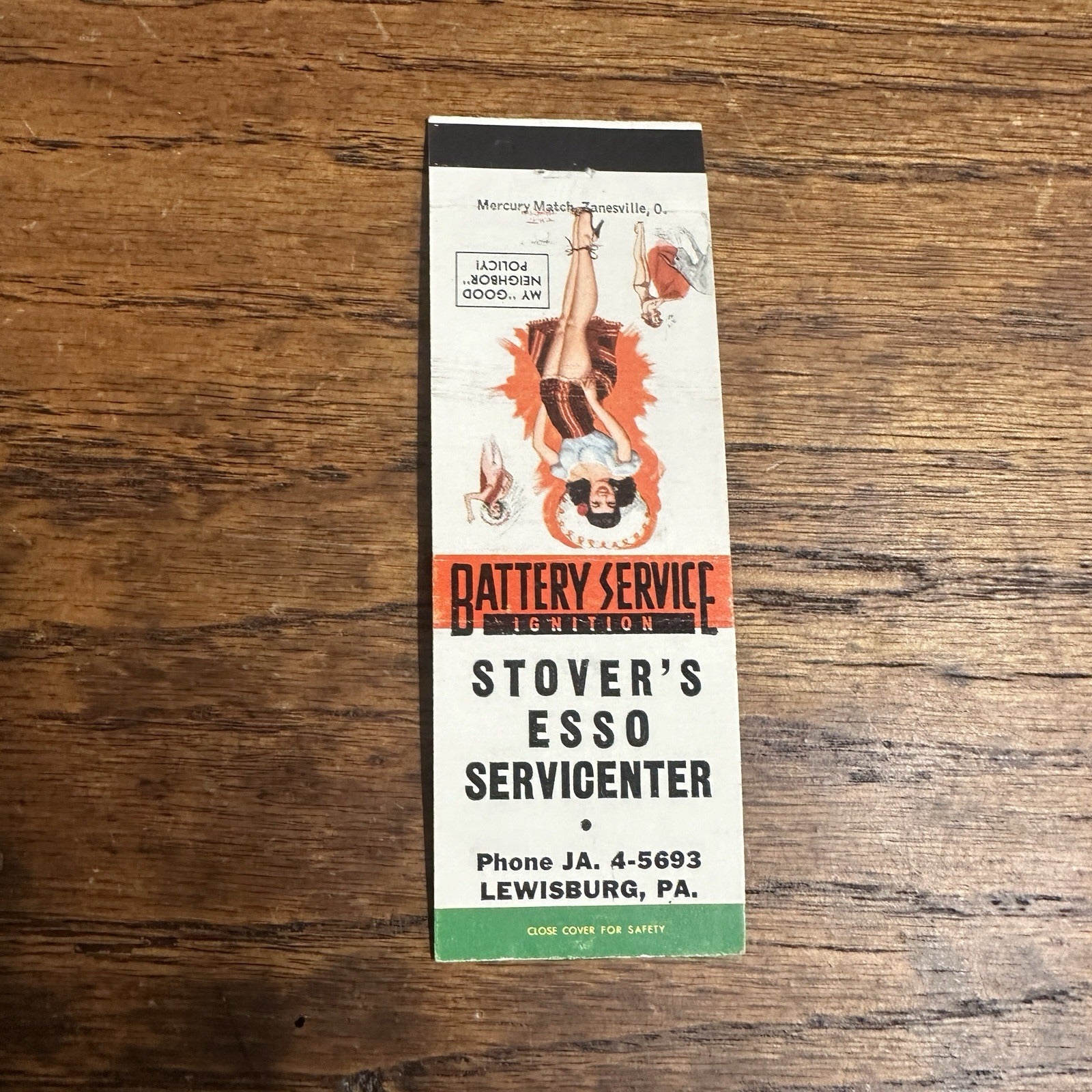 1940s 1950s Pinup Girl Girlie Matchbook Cover Stover Esso Service Lewisburg PA
