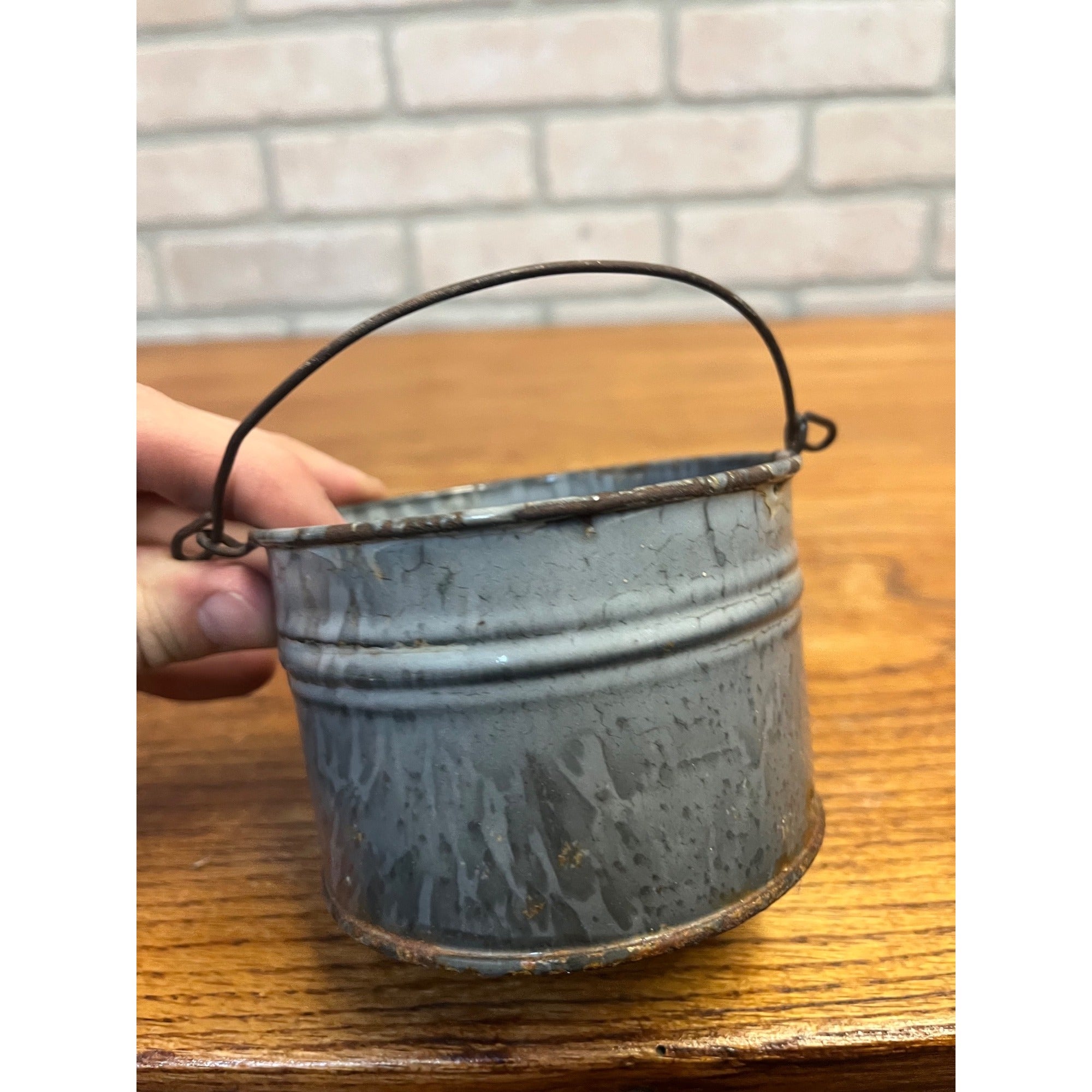 Antique Primitive Gray Enamel Graniteware Berry Bucket / Berry Pail / Farmhouse Decor/ Miniature -No lid-