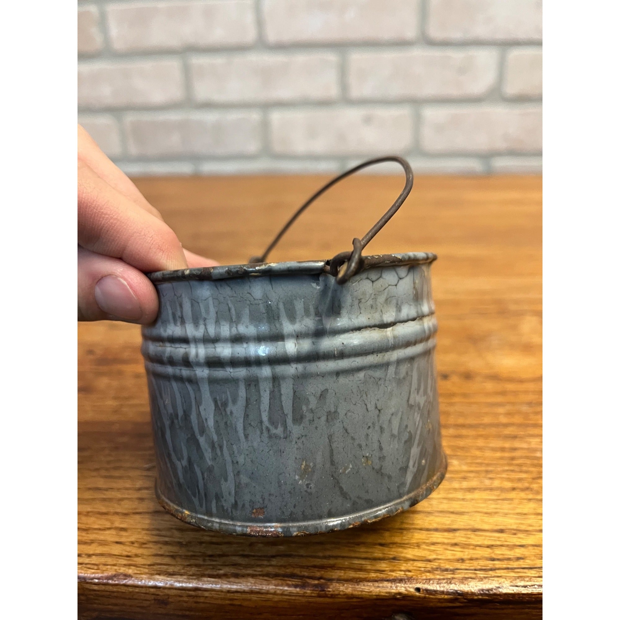 Antique Primitive Gray Enamel Graniteware Berry Bucket / Berry Pail / Farmhouse Decor/ Miniature -No lid-