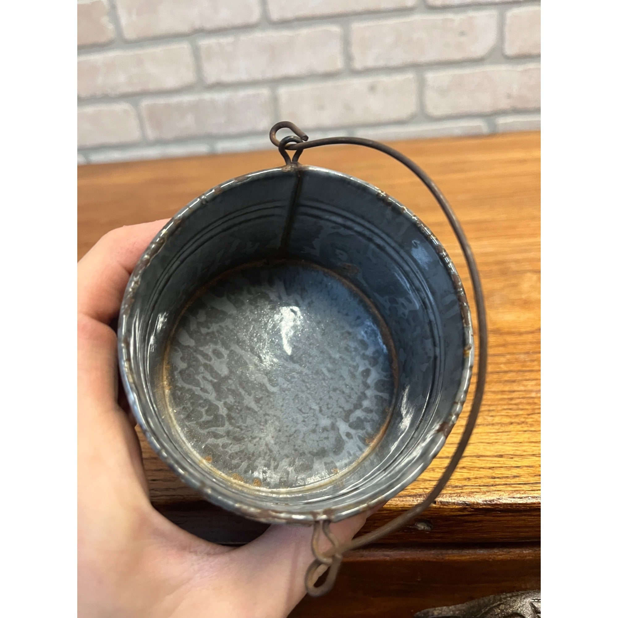 Antique Primitive Gray Enamel Graniteware Berry Bucket / Berry Pail / Farmhouse Decor/ Miniature -No lid-