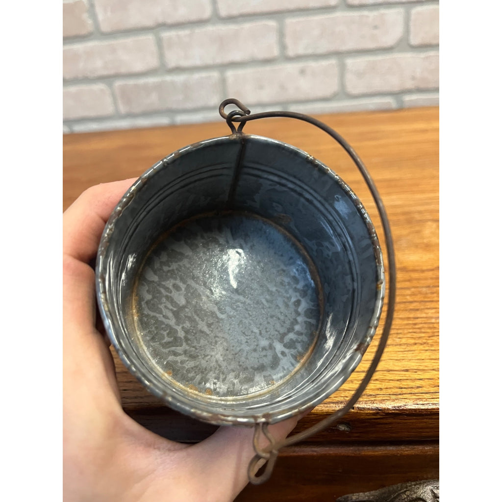 Antique Primitive Gray Enamel Graniteware Berry Bucket / Berry Pail / Farmhouse Decor/ Miniature -No lid-