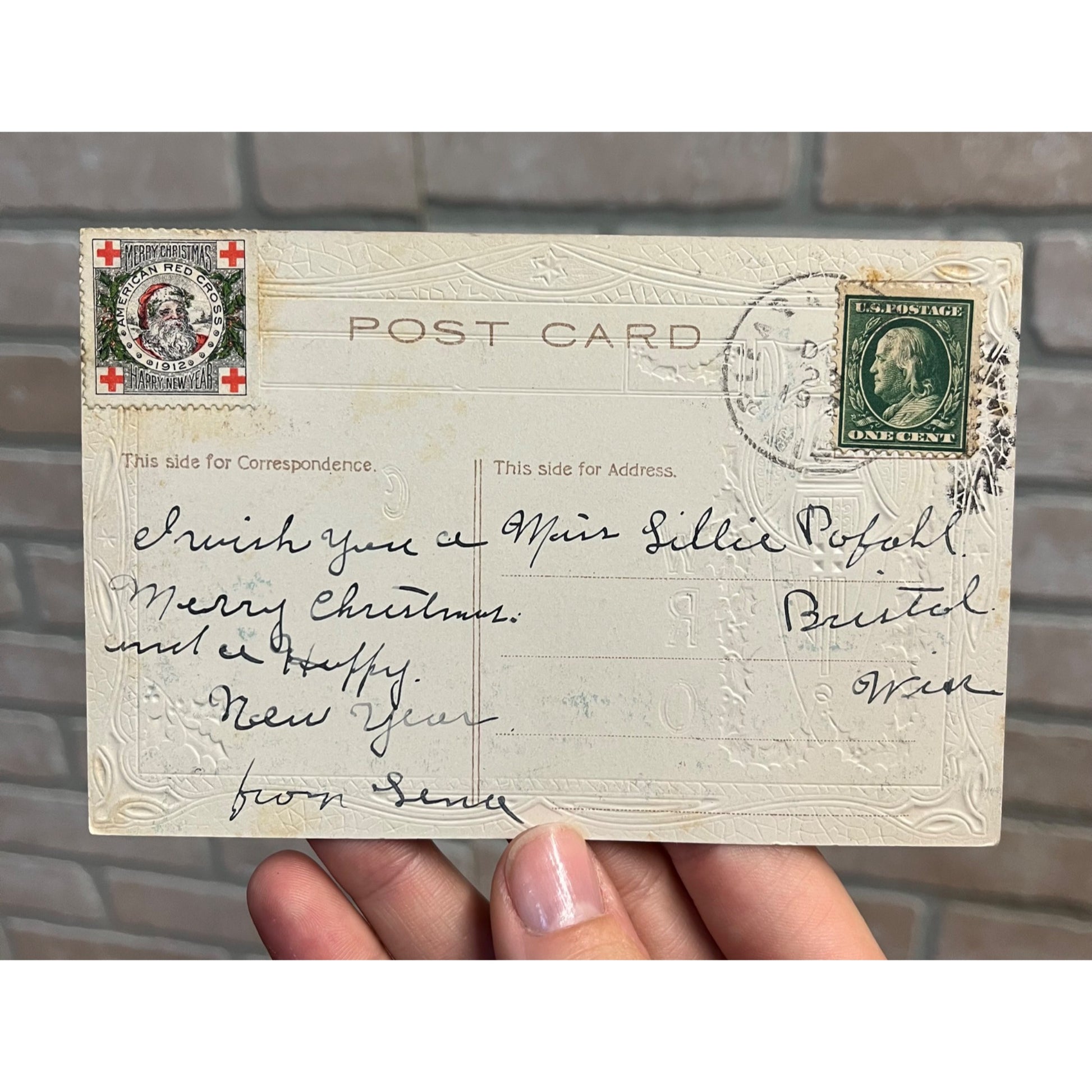 Vintage 1912 Christmas Postcard w/ Christmas Seal Tied US American Red Cross