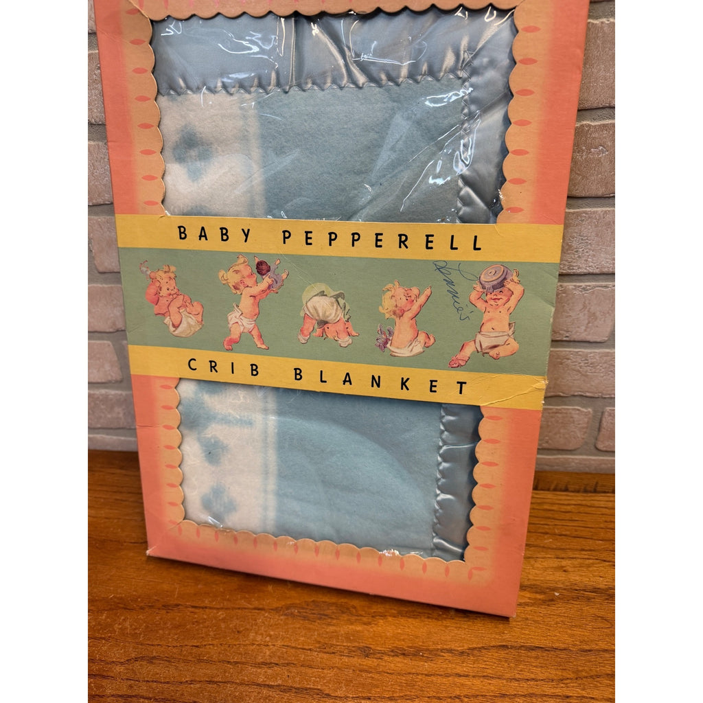 Vintage Baby Pepperell Crib Blanket Blue Satin Bound 36" X 50" Adorable Baby Graphics