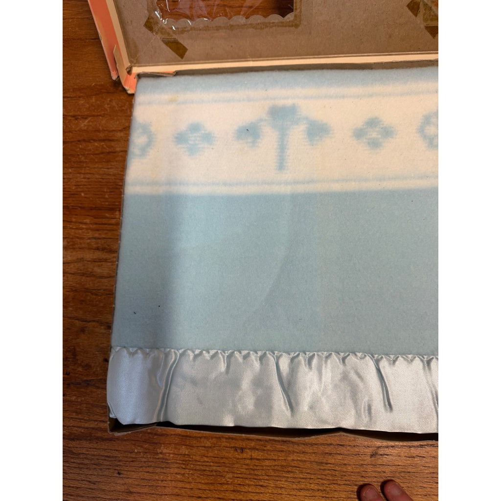 Vintage Baby Pepperell Crib Blanket Blue Satin Bound 36" X 50" Adorable Baby Graphics