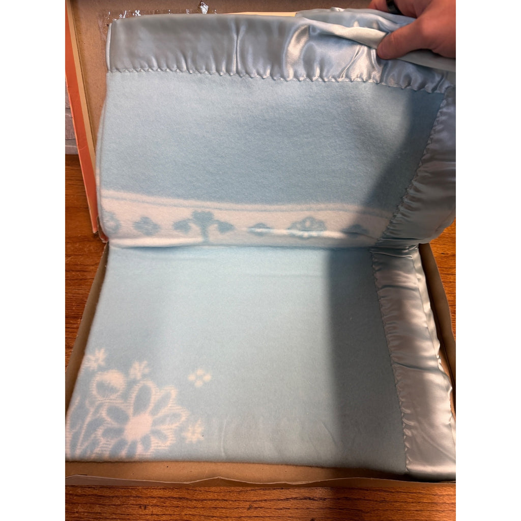 Vintage Baby Pepperell Crib Blanket Blue Satin Bound 36" X 50" Adorable Baby Graphics