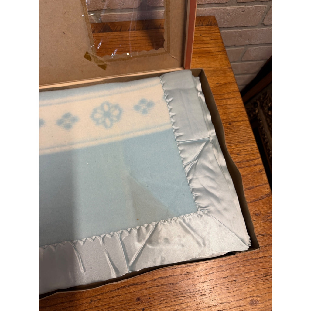 Vintage Baby Pepperell Crib Blanket Blue Satin Bound 36" X 50" Adorable Baby Graphics