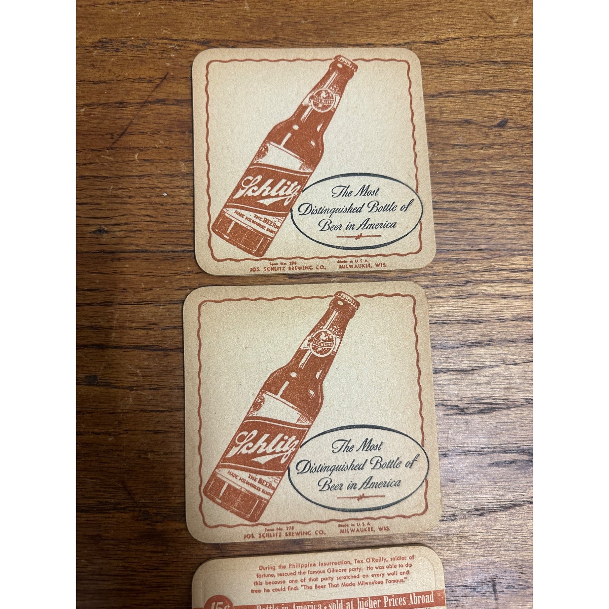 Vintage Schlitz Beer Bar Coasters Lot (3) Tex O'Reilly Phillippine Insurrection ++