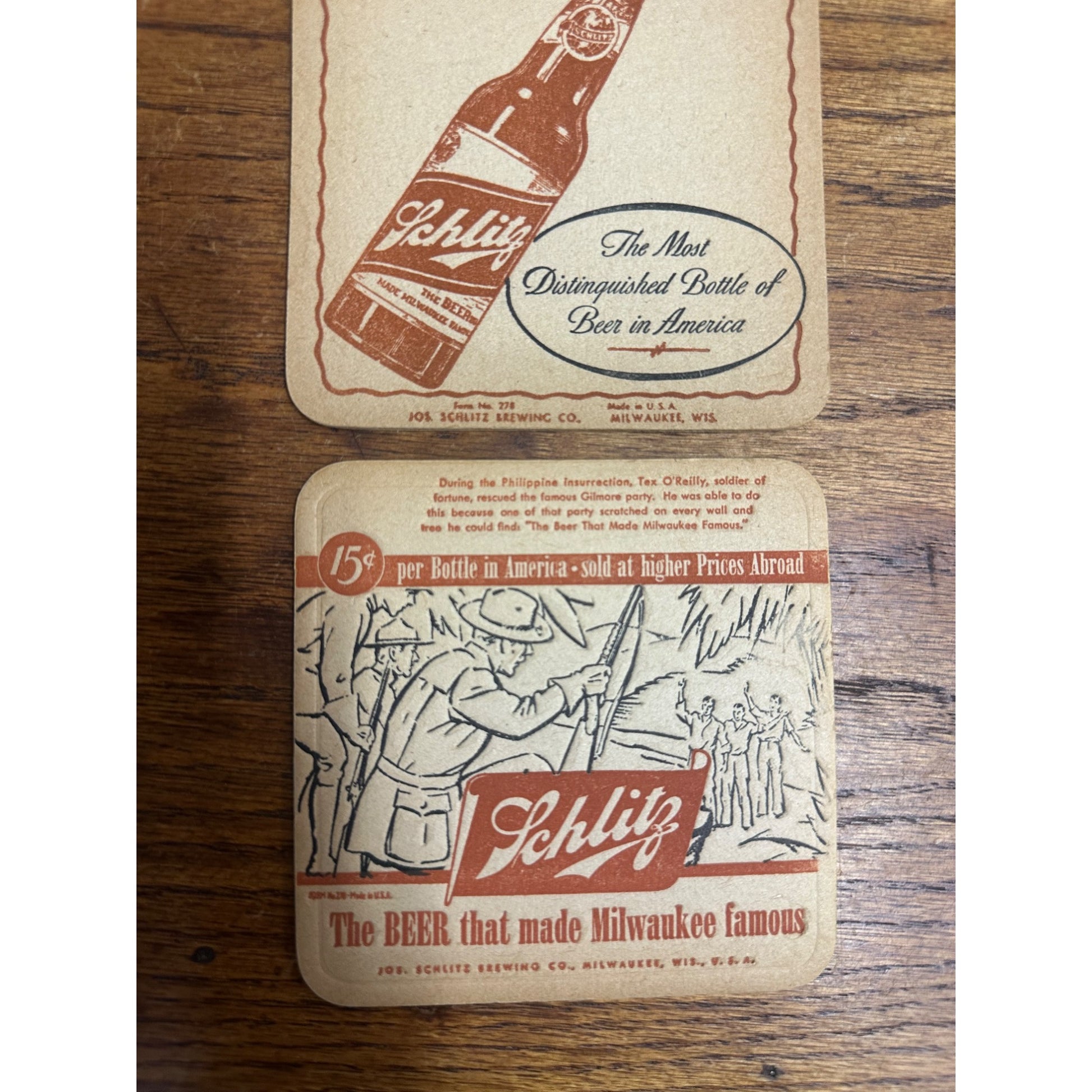 Vintage Schlitz Beer Bar Coasters Lot (3) Tex O'Reilly Phillippine Insurrection ++