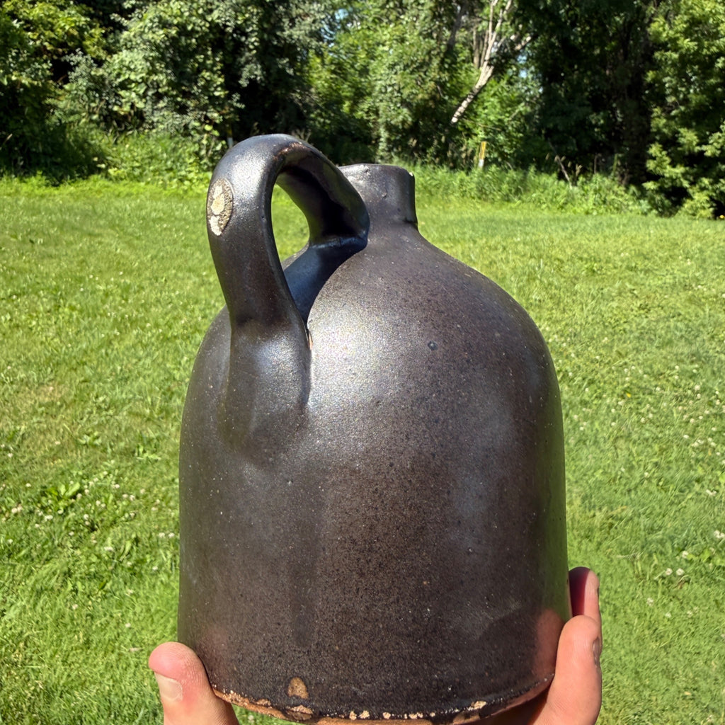 Antique 19th Century Brown Stoneware Jug With Handle Primitive Pottery 1800s