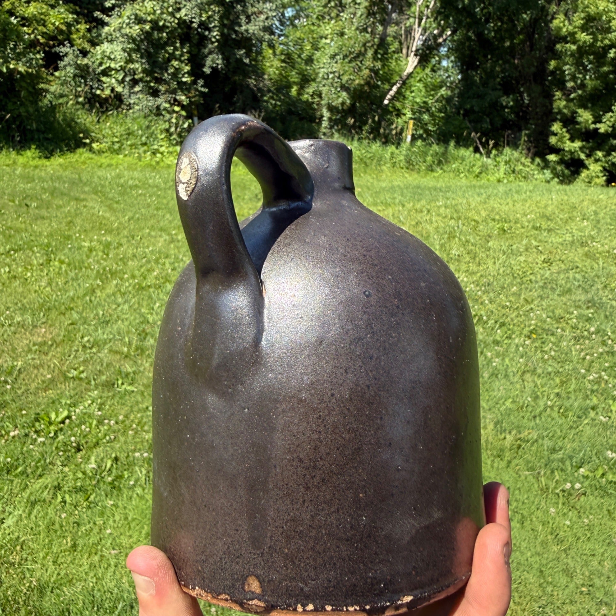 Antique 19th Century Brown Stoneware Jug With Handle Primitive Pottery 1800s