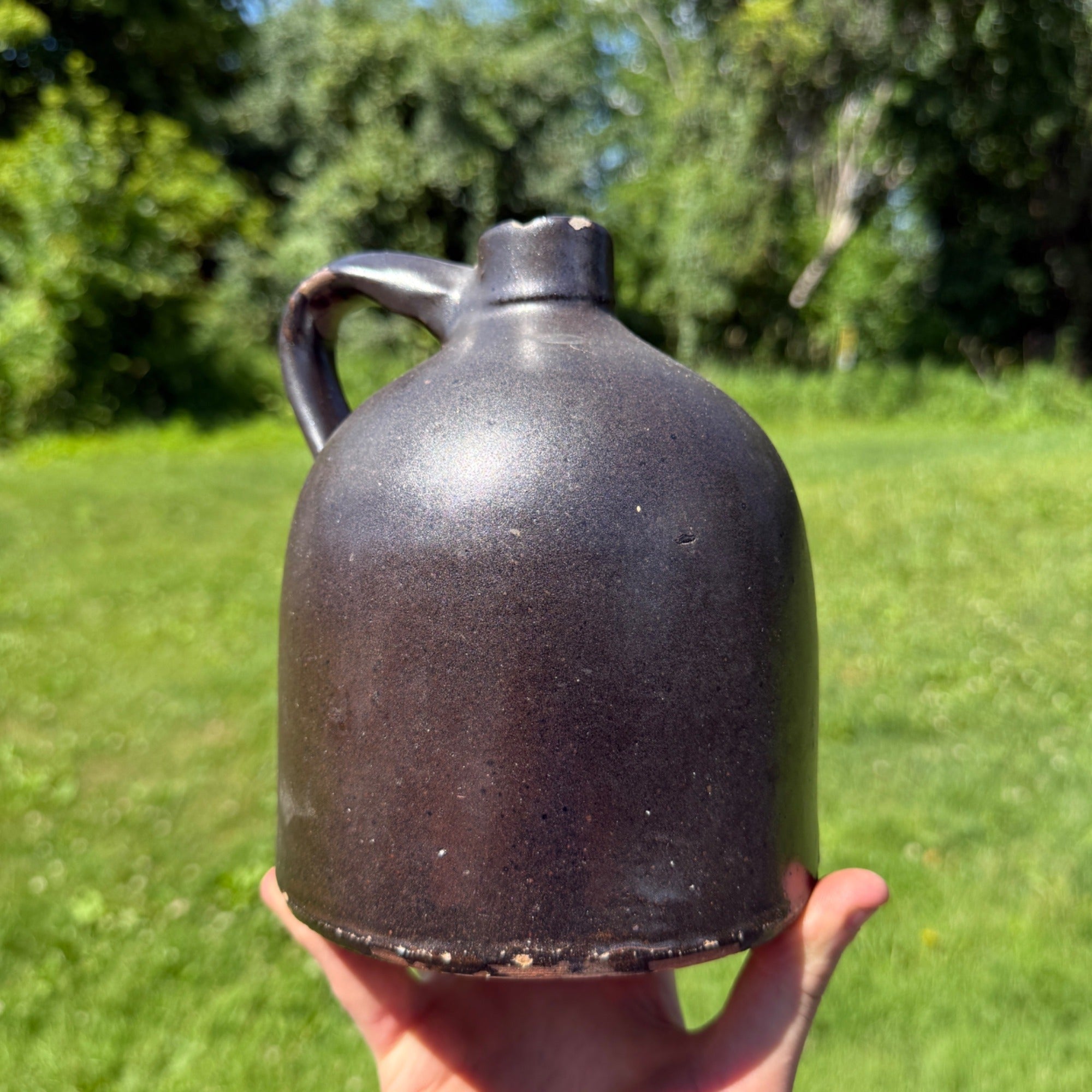 Antique 19th Century Brown Stoneware Jug With Handle Primitive Pottery 1800s