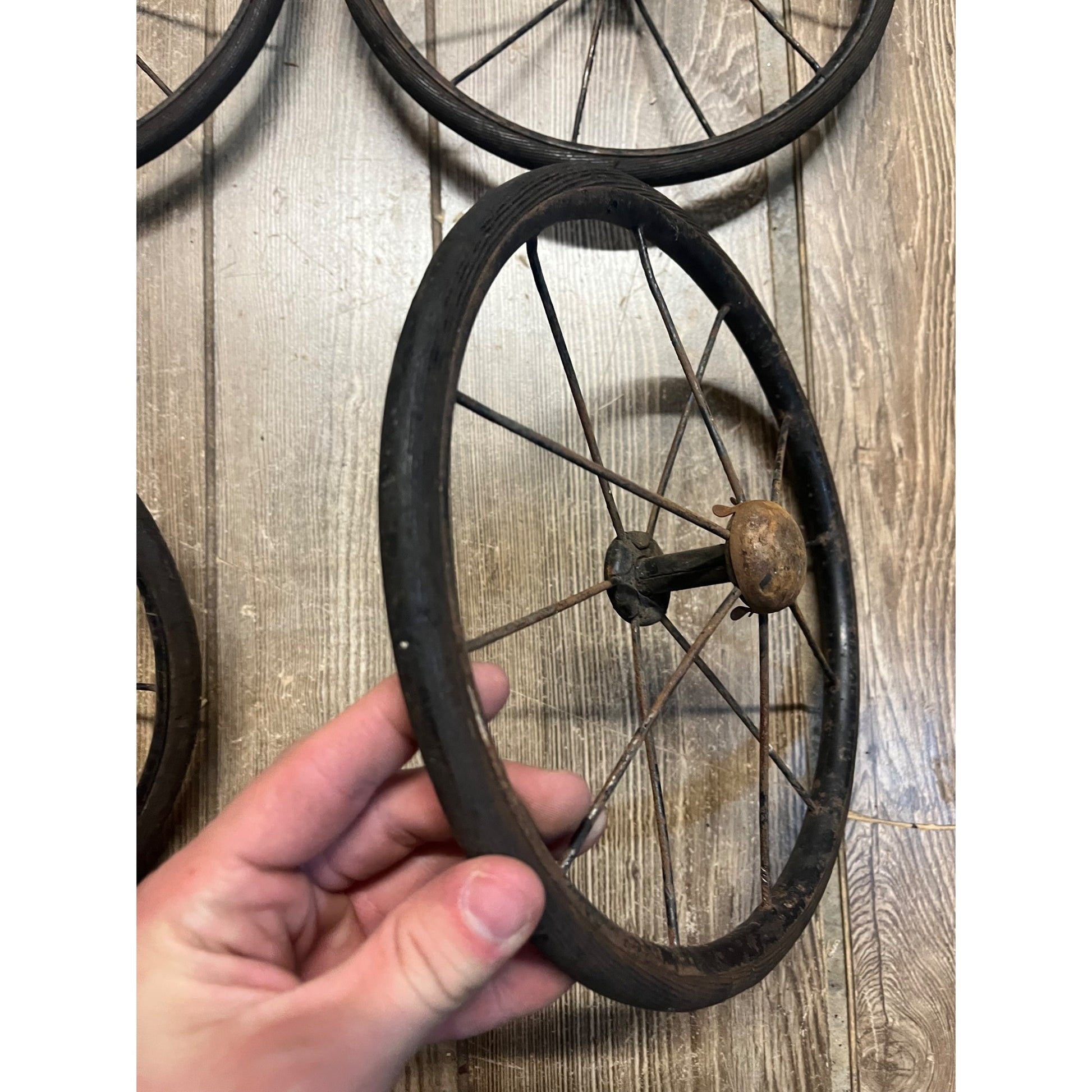 Antique Vintage Rubber & Metal Spoke Wagon Cart Pedal Car Buggy Wheels 10" Dia