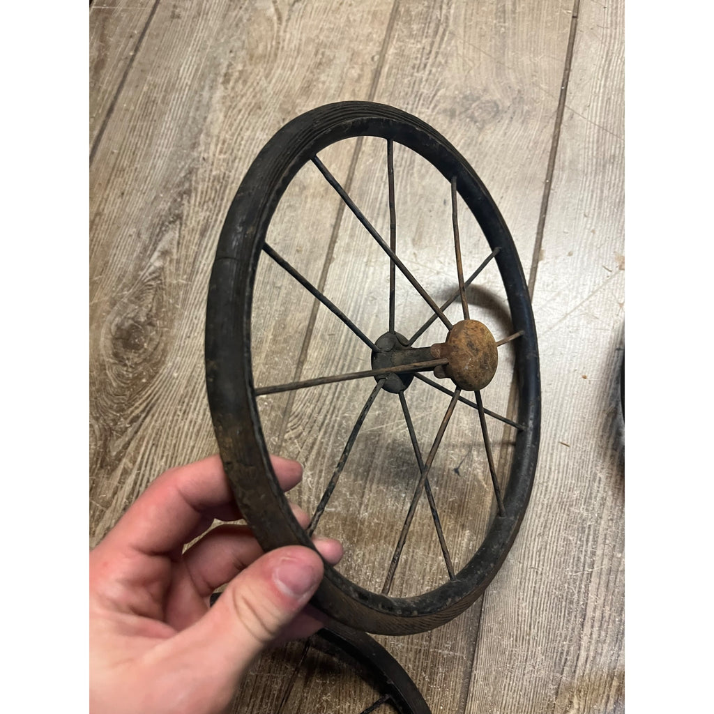 Antique Vintage Rubber & Metal Spoke Wagon Cart Pedal Car Buggy Wheels 10" Dia