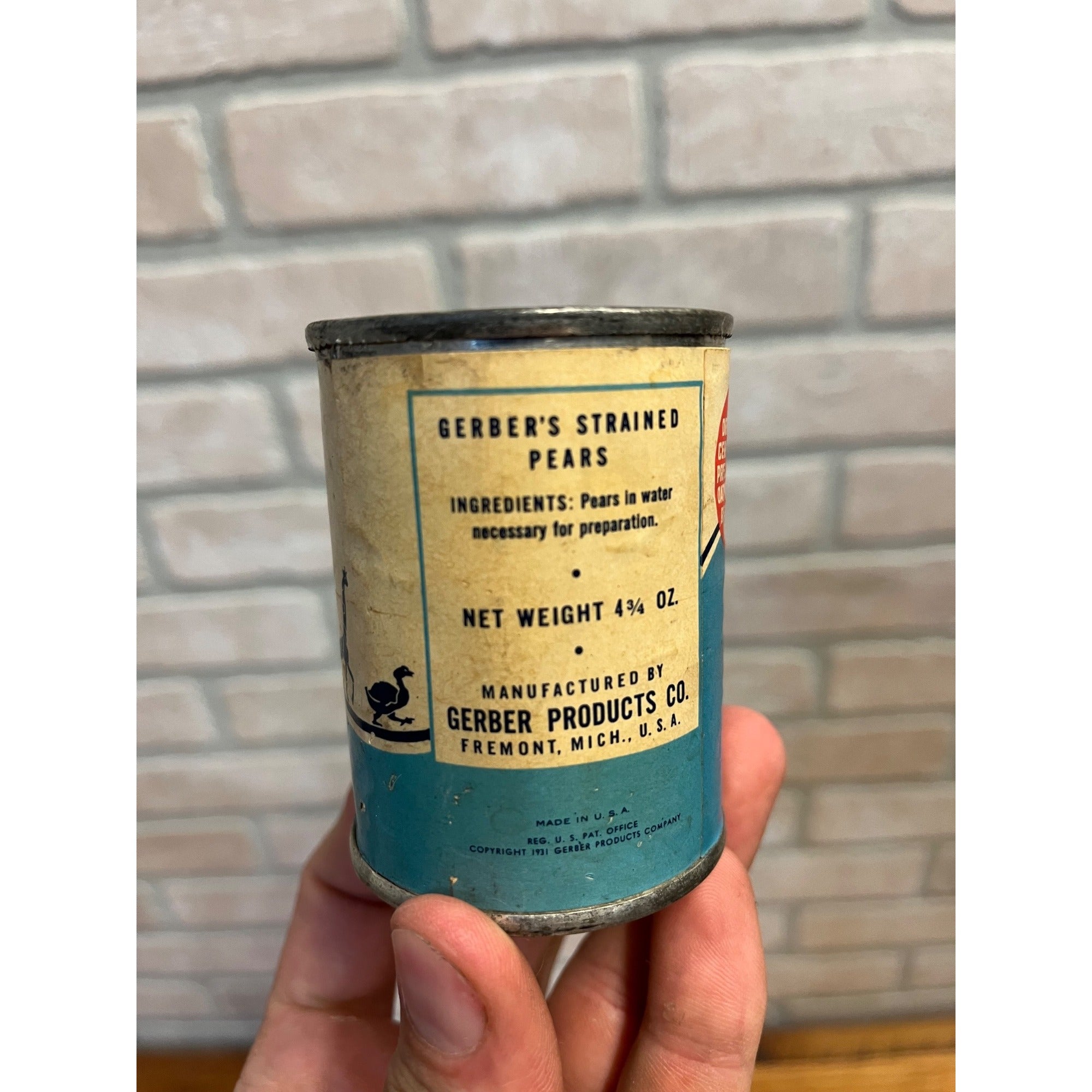 Vintage Gerber's Baby Food Tin Can w/Label - Pears - Copyright 1931