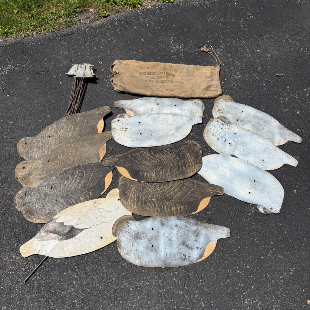 12 Vintage Johnson’s Folding Goose Decoys W/Metal Stakes Original Bag As-Is