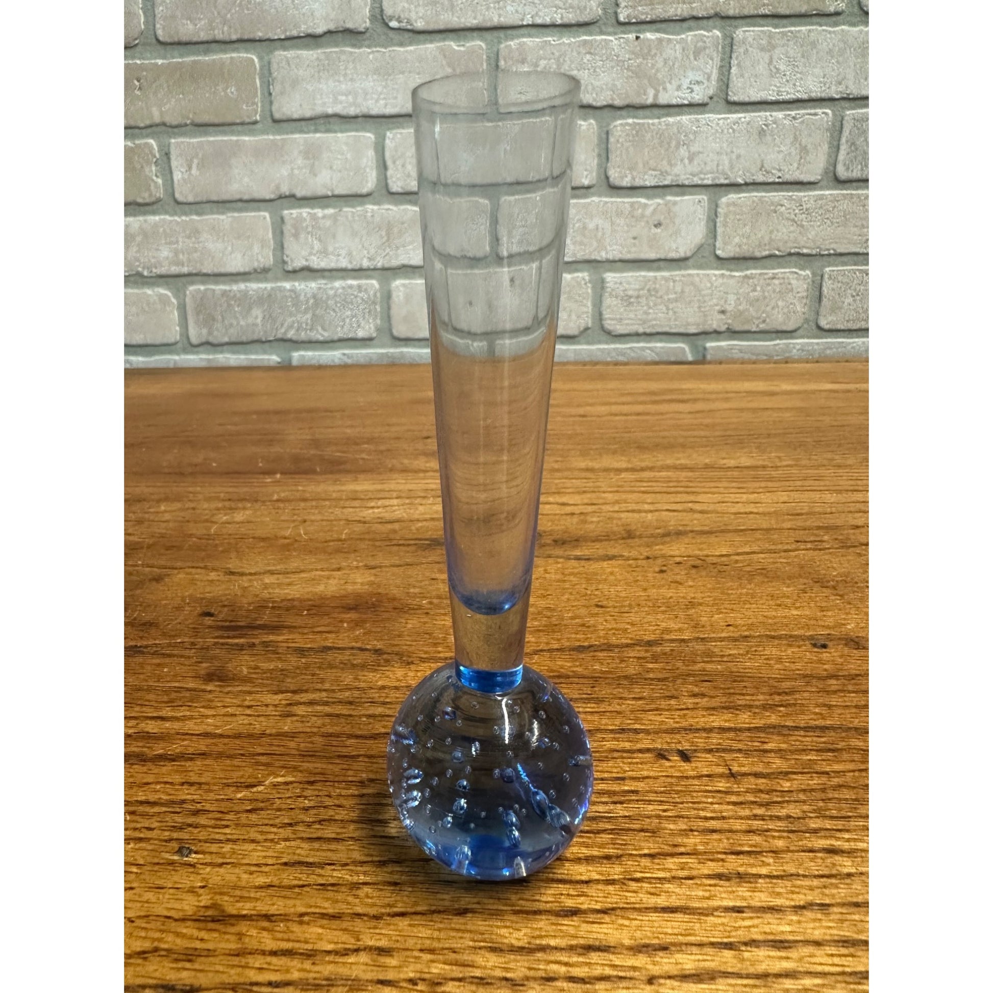 Vintage Vase Blue Hand-Blown Controlled Bubble Glass Bud Single Stem Flower