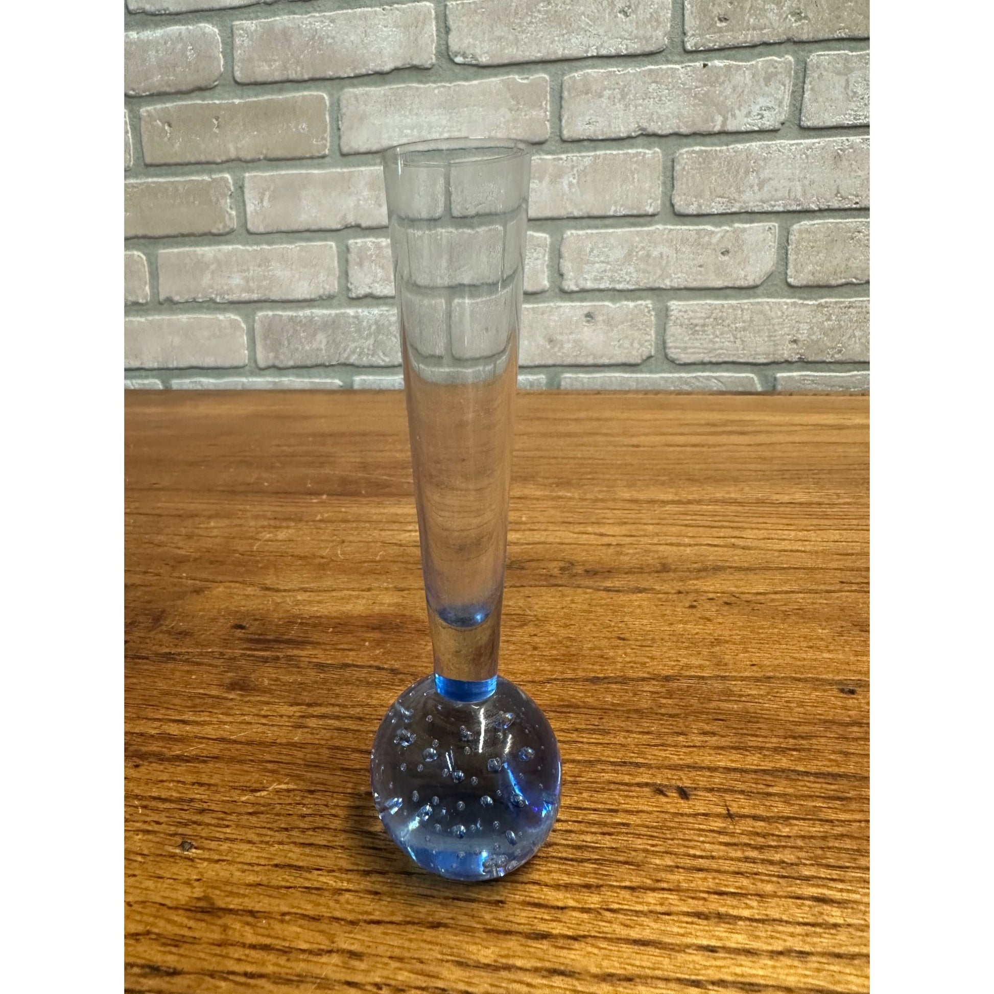 Vintage Vase Blue Hand-Blown Controlled Bubble Glass Bud Single Stem Flower