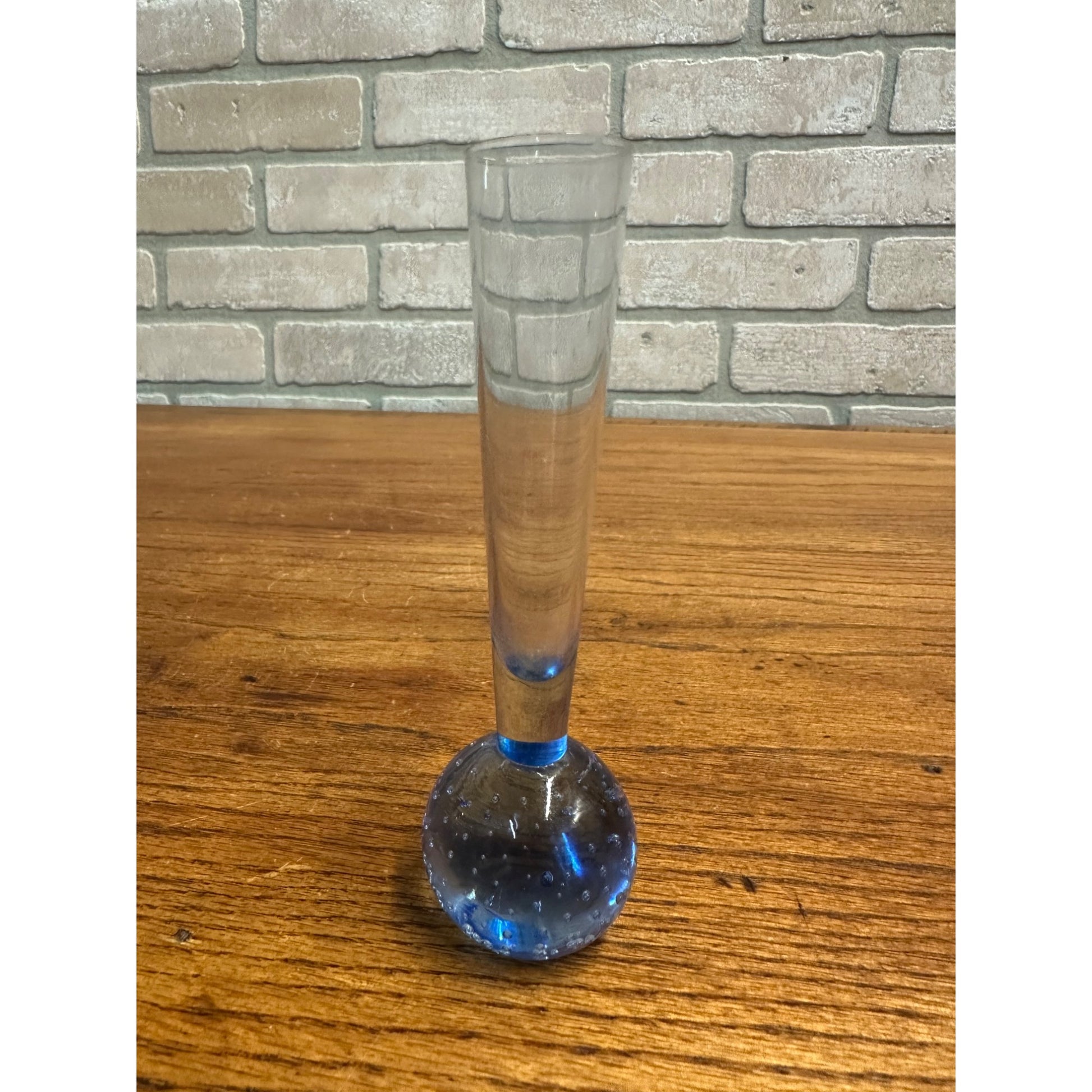 Vintage Vase Blue Hand-Blown Controlled Bubble Glass Bud Single Stem Flower