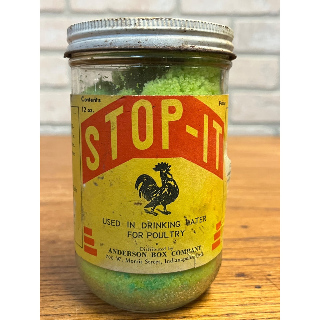 Vintage Chicken Poultry Stop-It Veterinarian Anderson Box Jar