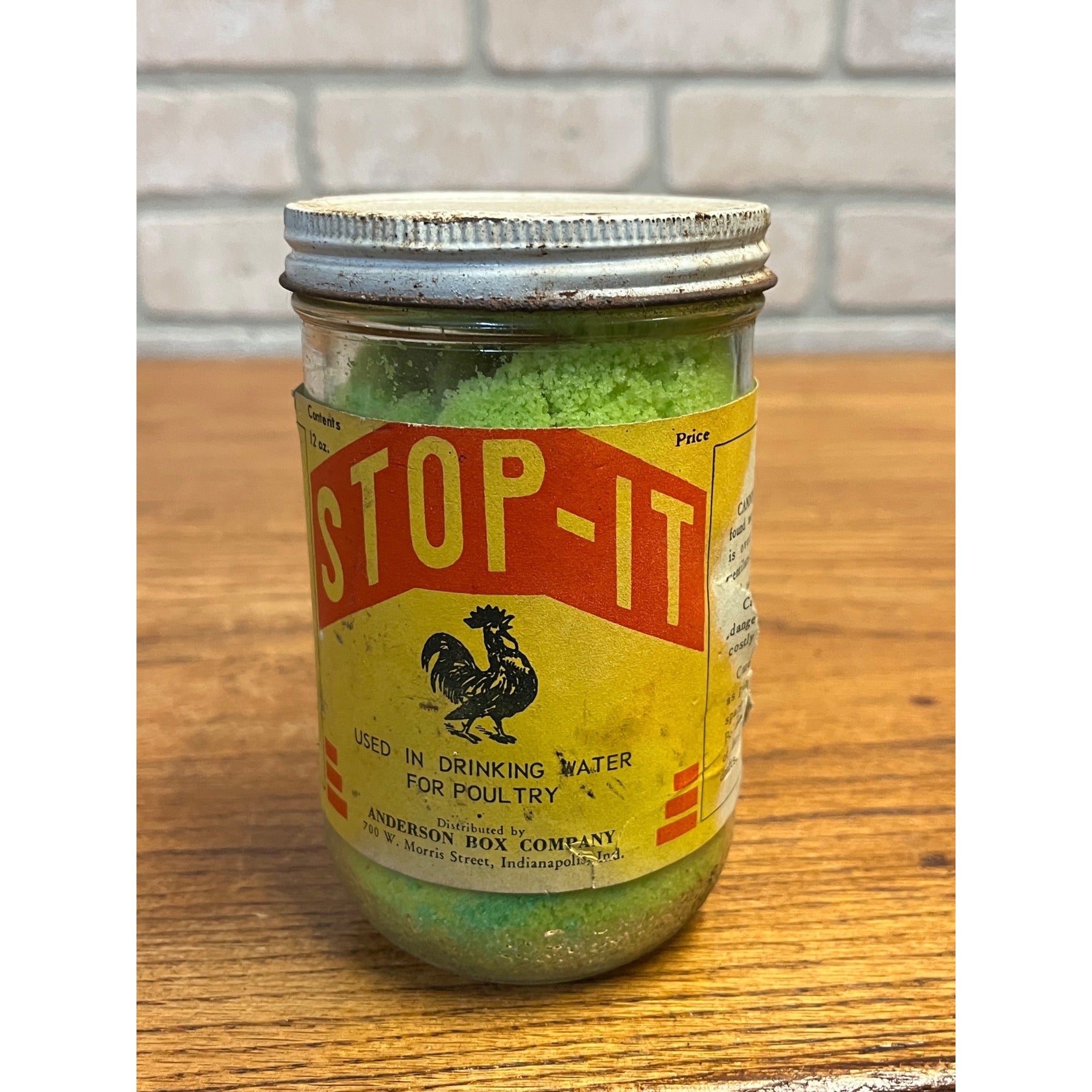 Vintage Chicken Poultry Stop-It Veterinarian Anderson Box Jar