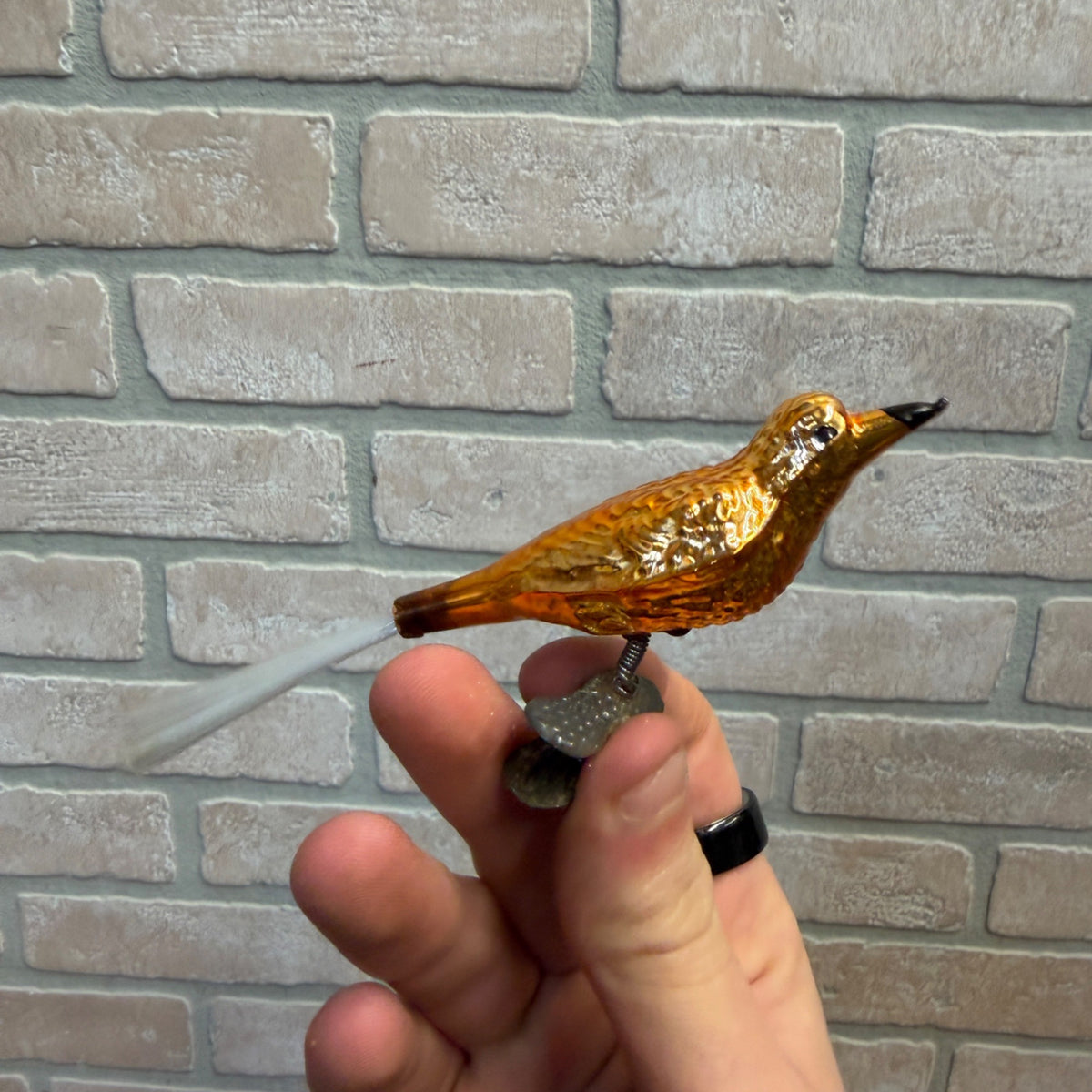 Antique Germany Glass Clip On Bird Ornament Gold Colored Cotton Spun Tail