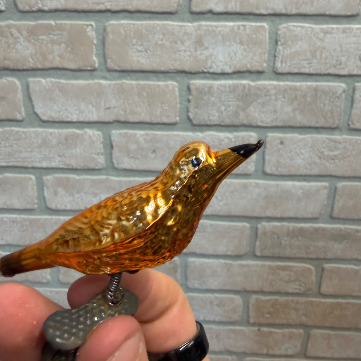 Antique Germany Glass Clip On Bird Ornament Gold Colored Cotton Spun Tail