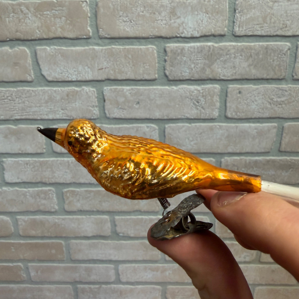 Antique Germany Glass Clip On Bird Ornament Gold Colored Cotton Spun Tail