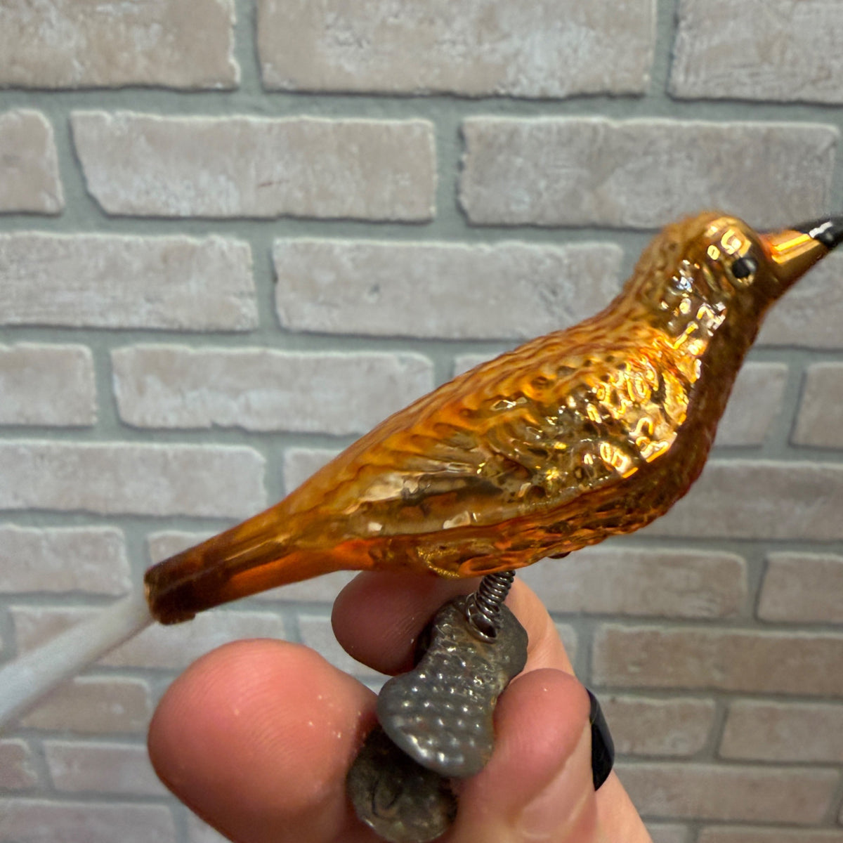 Antique Germany Glass Clip On Bird Ornament Gold Colored Cotton Spun Tail