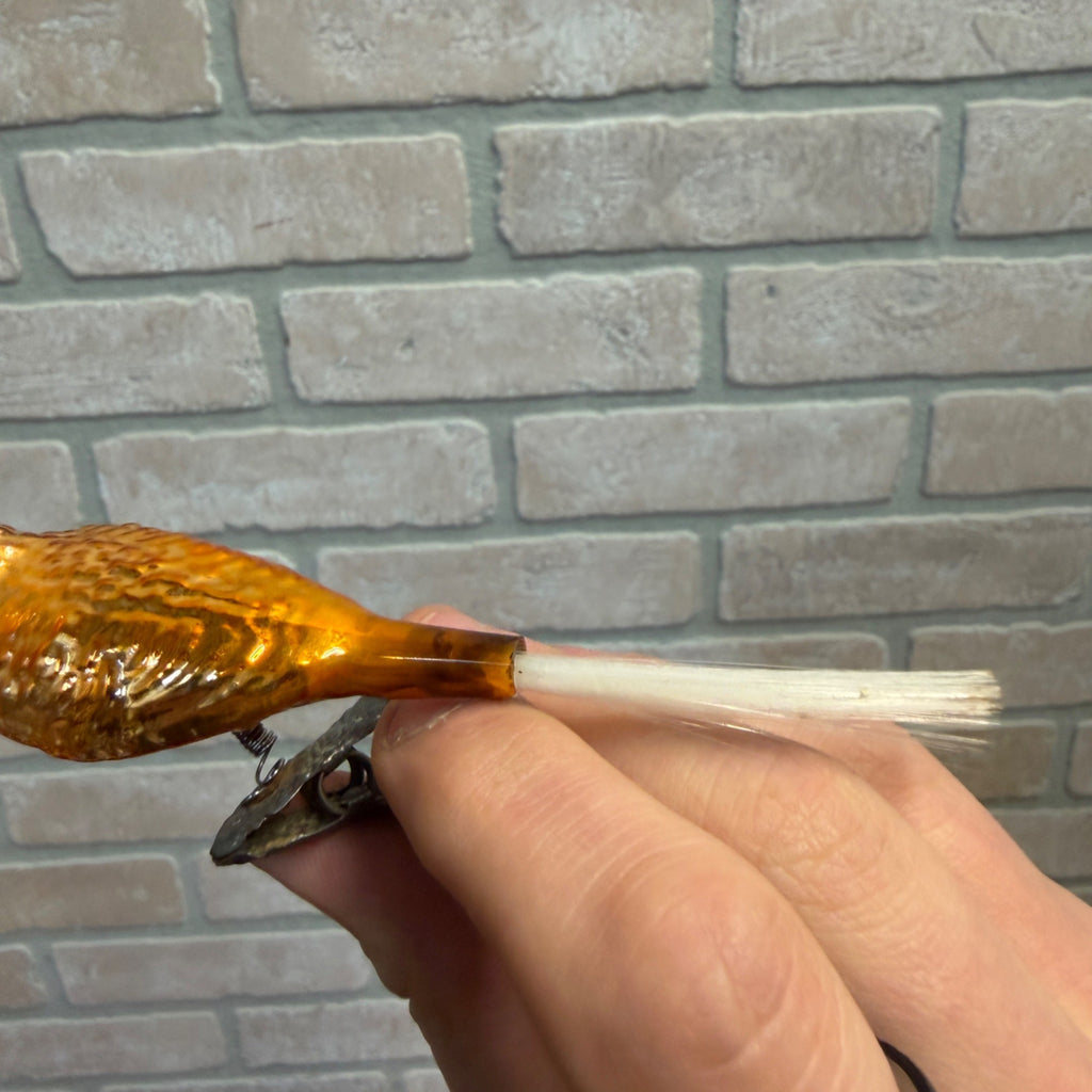 Antique Germany Glass Clip On Bird Ornament Gold Colored Cotton Spun Tail