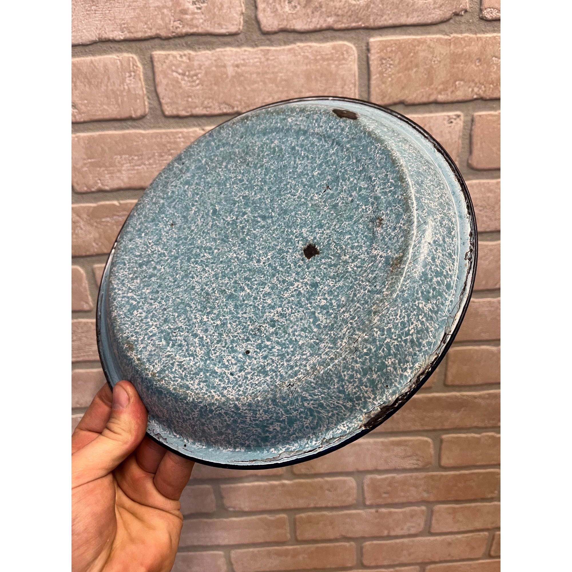 Antique Primitive Light Blue and White Swirl Enamel Graniteware Round Pie Pan/ Baking Dish/ Farmhouse Decor