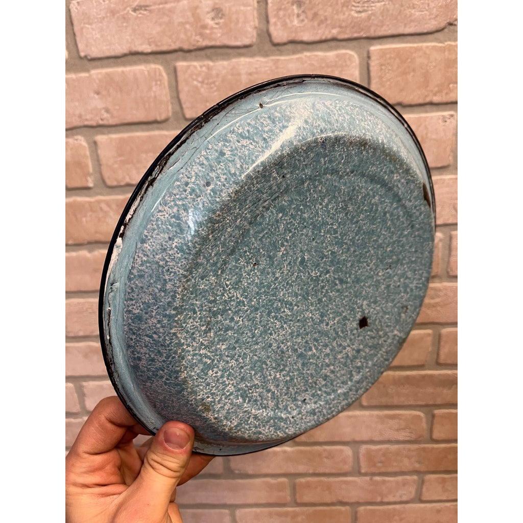 Antique Primitive Light Blue and White Swirl Enamel Graniteware Round Pie Pan/ Baking Dish/ Farmhouse Decor