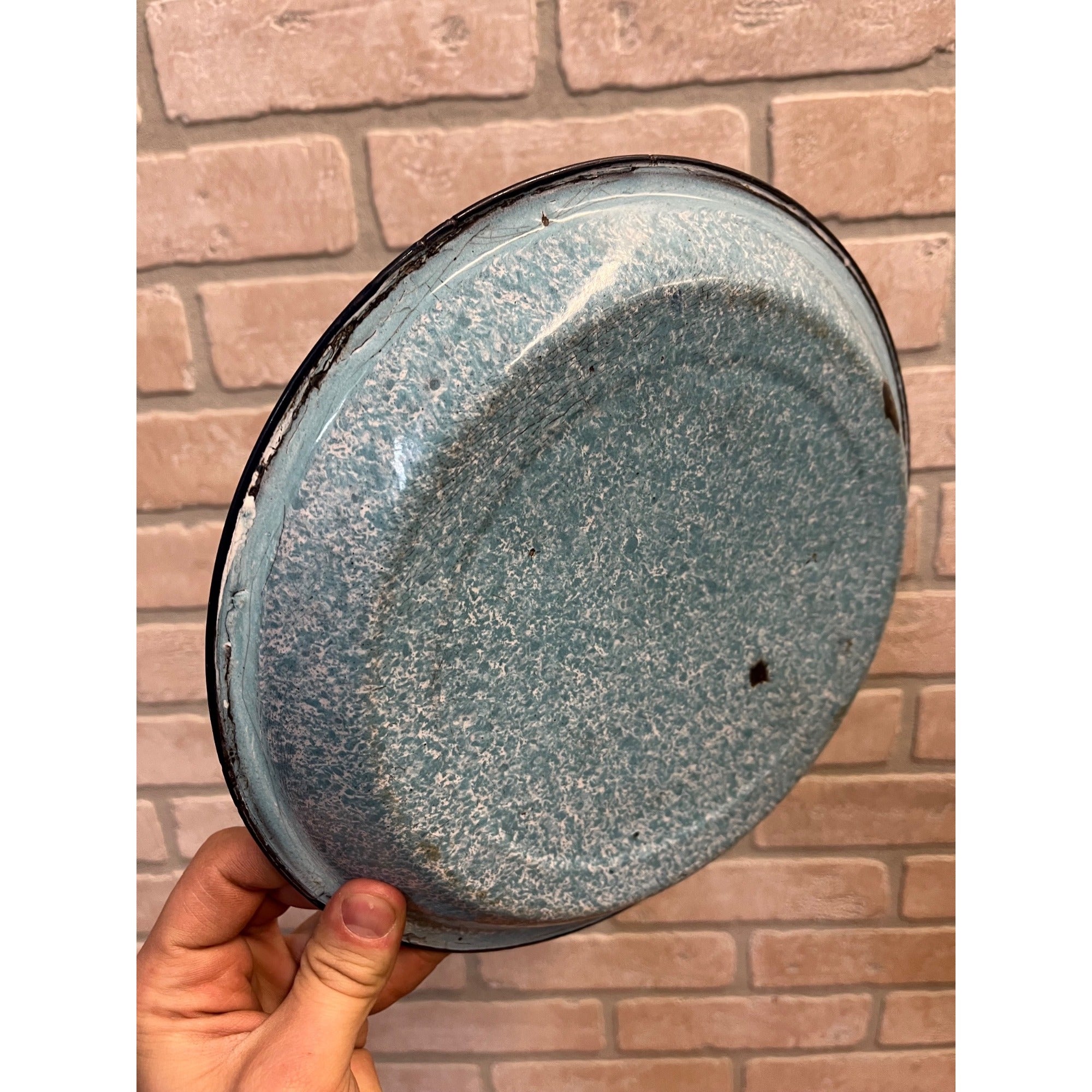 Antique Primitive Light Blue and White Swirl Enamel Graniteware Round Pie Pan/ Baking Dish/ Farmhouse Decor