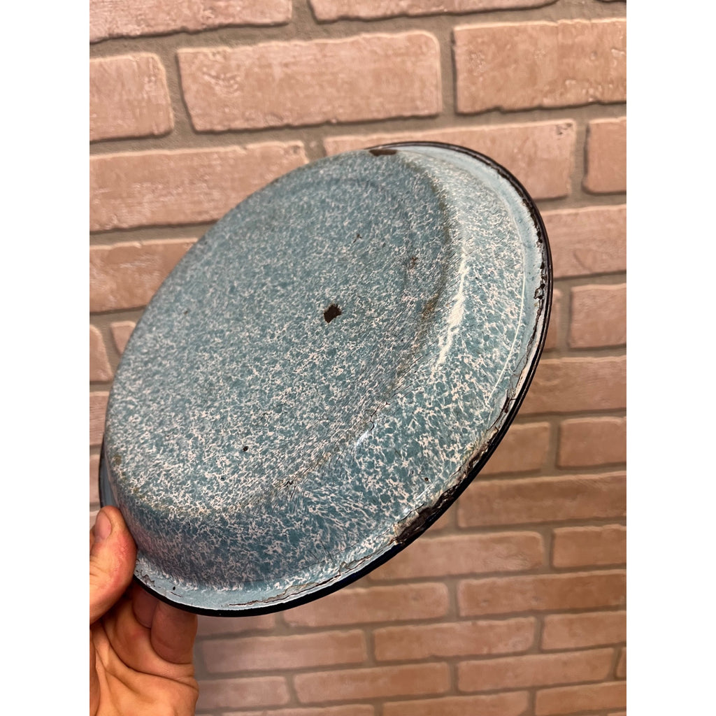 Antique Primitive Light Blue and White Swirl Enamel Graniteware Round Pie Pan/ Baking Dish/ Farmhouse Decor