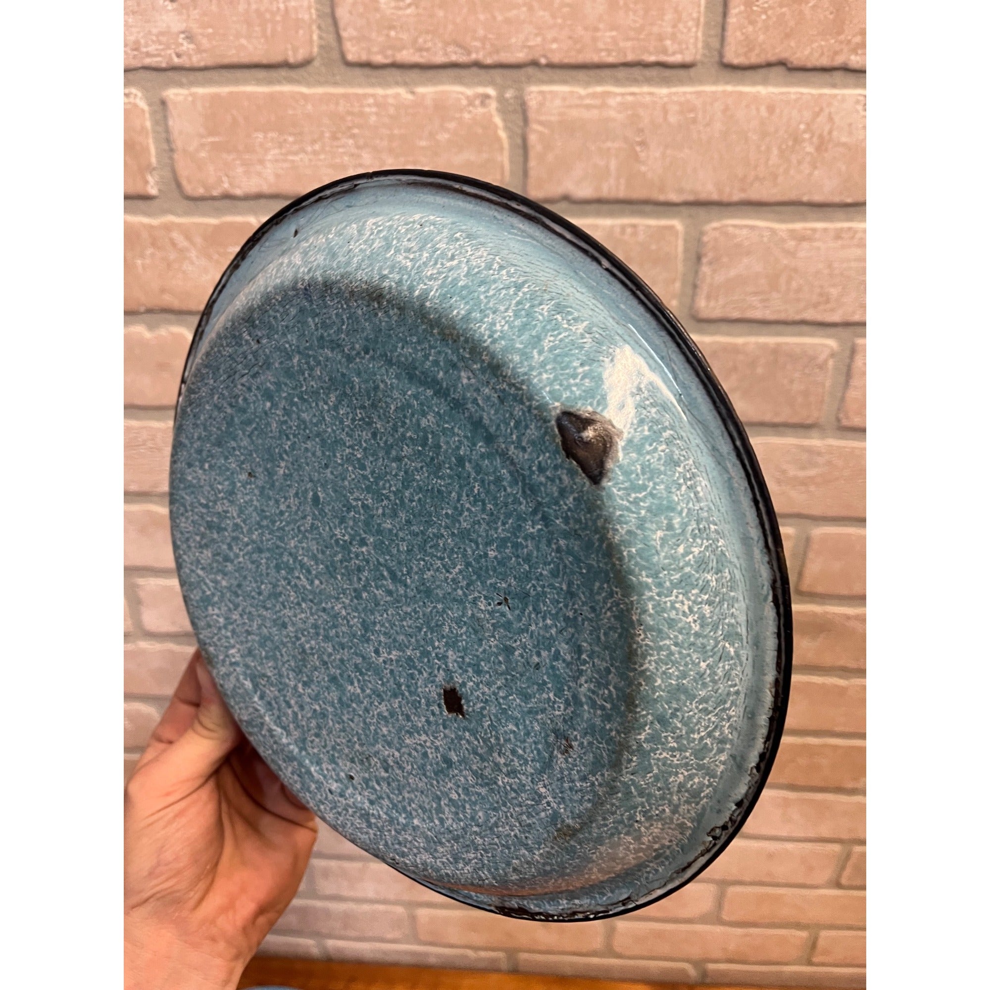 Antique Primitive Light Blue and White Swirl Enamel Graniteware Round Pie Pan/ Baking Dish/ Farmhouse Decor