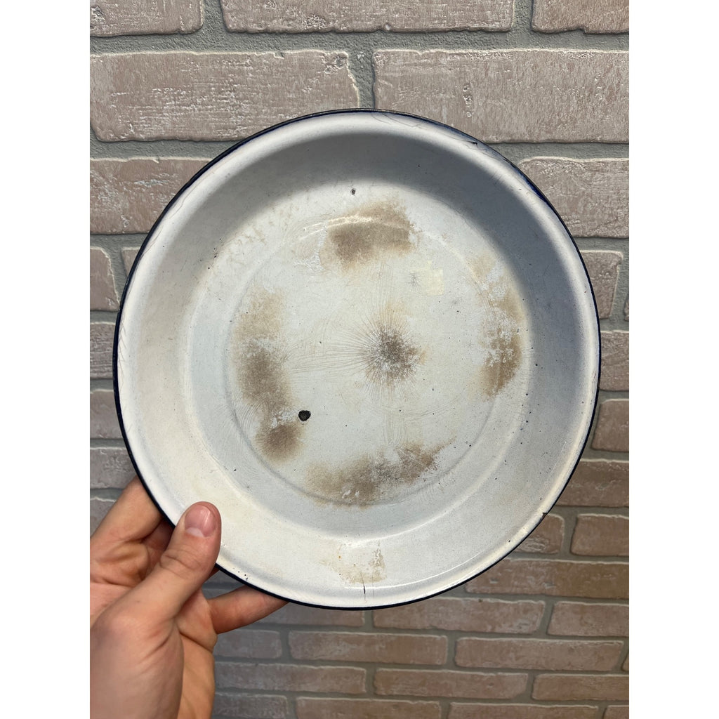 Antique Primitive Light Blue and White Swirl Enamel Graniteware Round Pie Pan/ Baking Dish/ Farmhouse Decor